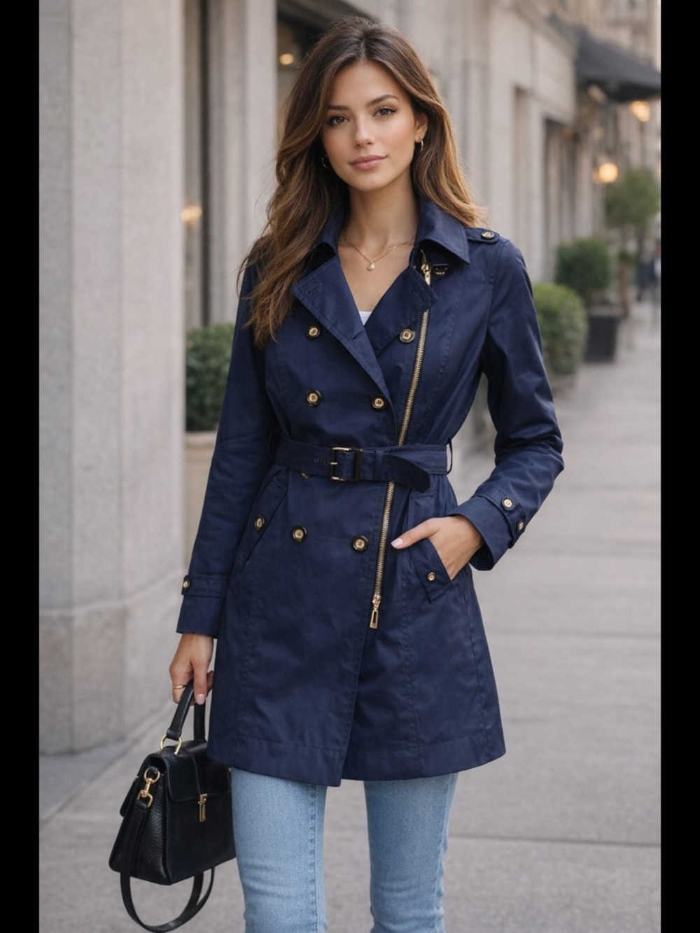 Soia & Kyo Navy Trench Coat | Size Small | Belted | Gold Hardware